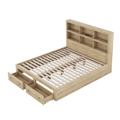 160*200 cm Doppelbett, Kingsize-Plattformbett mit zwei Schubladen am Fußende des Bettes, Kopfteil mit Stauraum, Natur
