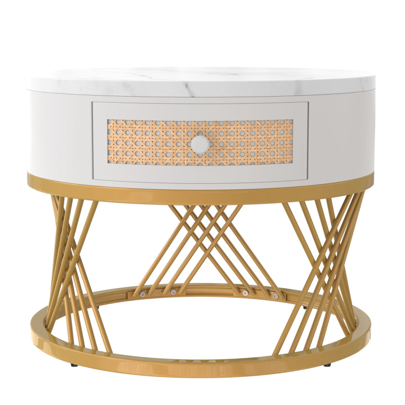 2 in 1 Runder Couchtisch aus MDF, Beistelltisch mit Tischplatte aus Marmor und Schubladen aus Kunststoff-Rattan, Griffe aus Massivholz. goldene Eisenfüße. 70*70*45,5+50*50*38,5cm