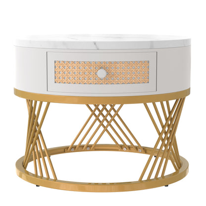 2 in 1 Runder Couchtisch aus MDF, Beistelltisch mit Tischplatte aus Marmor und Schubladen aus Kunststoff-Rattan, Griffe aus Massivholz. goldene Eisenfüße. 70*70*45,5+50*50*38,5cm
