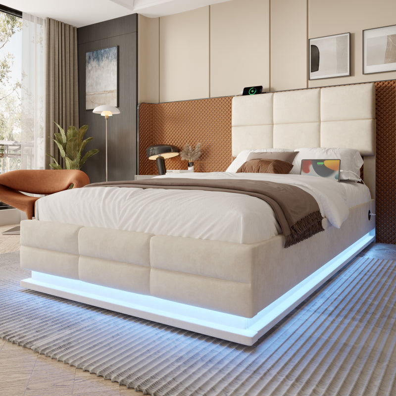 90x200 cm Modernes Velours-Polsterbett mit höhenverstellbarem Kopfteil - Inkl. USB/Type-C-Anschlüssen, LED-Ambientebeleuchtung, hydraulischem Lift-System & XXL-Stauraum (ohne Matratze) - Beige