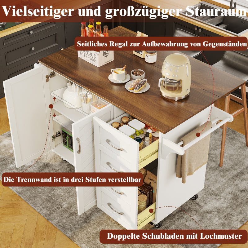 Küchenwagen mit diagonal gestreiften Schranktüren, herausnehmbarer Esswagen mit Handtuchhalter und Gewürzregal, verstellbare Trennwände, Küchenbuffet, Tischplatte mit Holzmaserung, weiß
