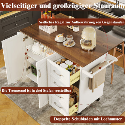 Küchenwagen mit diagonal gestreiften Schranktüren, herausnehmbarer Esswagen mit Handtuchhalter und Gewürzregal, verstellbare Trennwände, Küchenbuffet, Tischplatte mit Holzmaserung, weiß