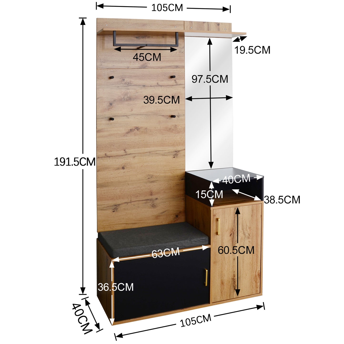 Garderoben-Set,mit 4 Kleiderhaken, Spiegel, Schuhschrank, Wandgarderobe, oberes Ablagefach, Flurgarderobe Sitzbank