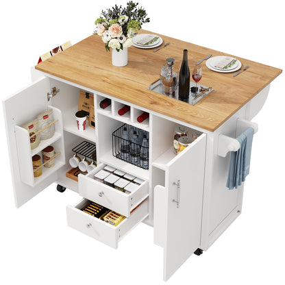 Kücheninsel Buffetschrank 120x73x92cm Küchenwagen mit klappbarer Arbeitsplatte Gewürzregal Weinregal und verstellbaren Ablagen Weiß