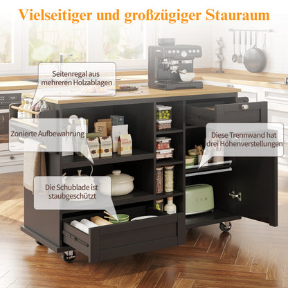 Esszimmerwagen (129 x 46 x 92 cm), moderner und einfacher schwarzer, beweglicher Küchen-Esswagen mit Schubladen und Lagerschränken, hellbraune Holzarbeitsplatte, geeignet für moderne Familien
