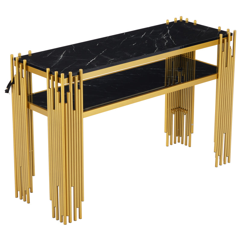 Mid-Century Modern Wohnzimmer Beistelltisch, Konsolentisch, Schwarzer Korpus mit goldenen Beinen, Doppelschicht MDF, Belastbarkeit bis 40 kg