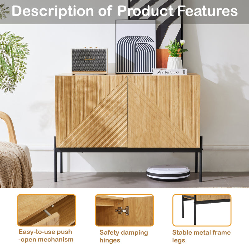 Sideboard mit 2 Türen und Metallbeinen, Buffet, Kommode mit Linien-Design, Maße: H 75 cm / B 100 cm / T 40 cm