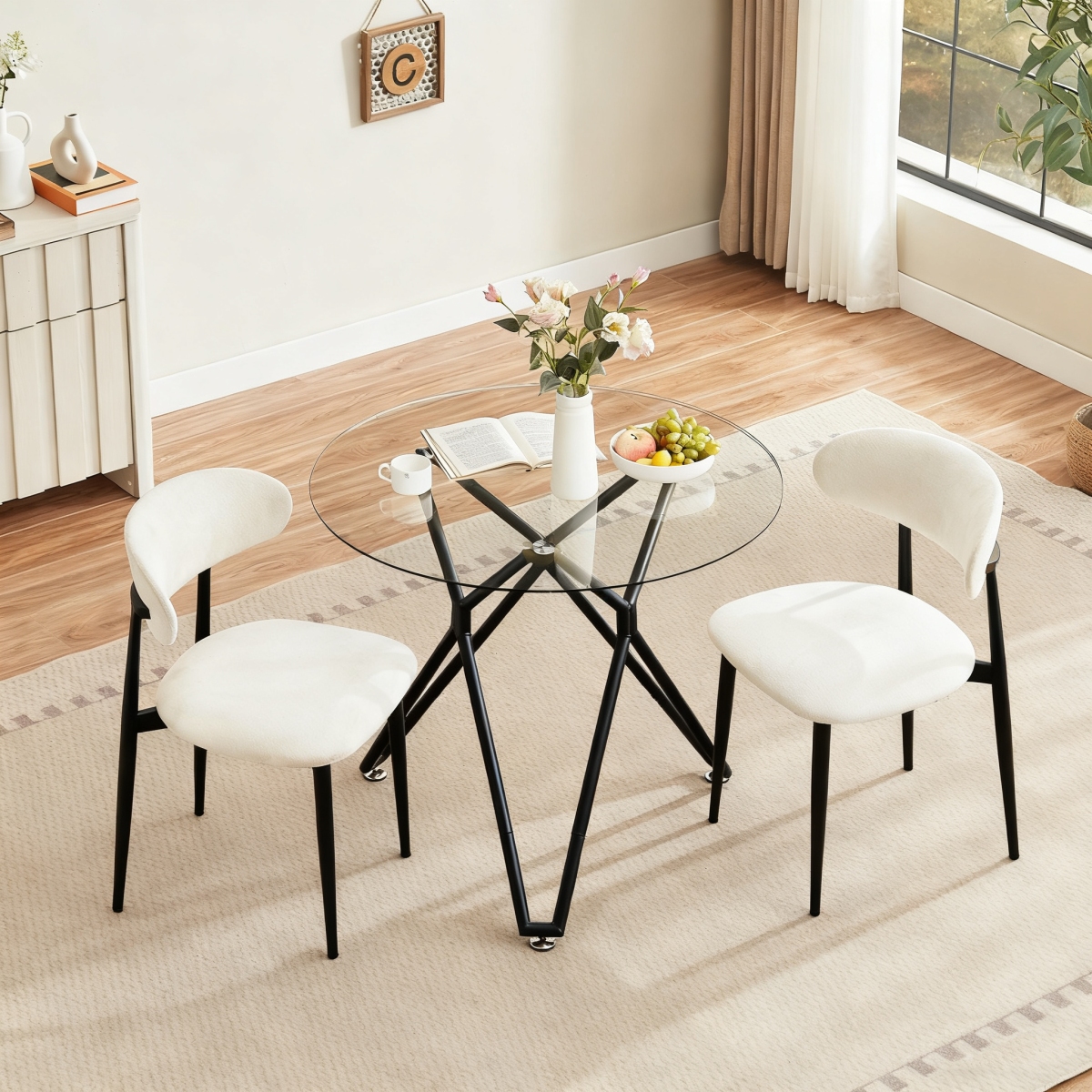 Esstisch Rund 90 cm Schwarz, Glastisch mit Gehärtetem Glas & Metallbeinen, Modernes Design