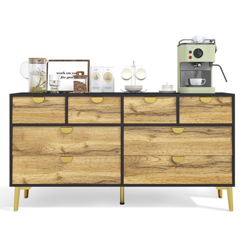 L150*W40*H78cm, Moderne Sideboard mit 8 Schubladen, Schwarz & Holzfarben, Minimalistisches Design, Goldene Metallgriff, Metallfüße, für Wohnzimmer und Esszimmer