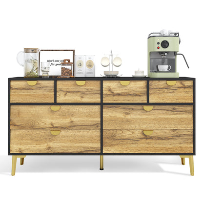 L150*W40*H78cm, Moderne Sideboard mit 8 Schubladen, Schwarz & Holzfarben, Minimalistisches Design, Goldene Metallgriff, Metallfüße, für Wohnzimmer und Esszimmer