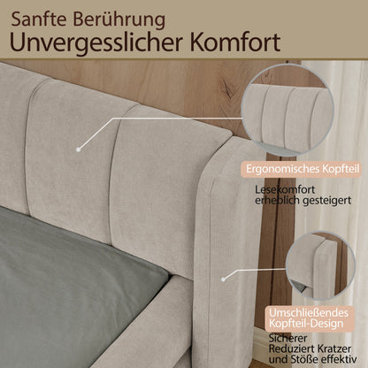 Doppelbett 160×200 cm, Chenille Stoff, komfortable Rückenlehne, robustes Eukalyptus- und Eisengestell, einfach zu montieren, Beige (ohne Matratze)
