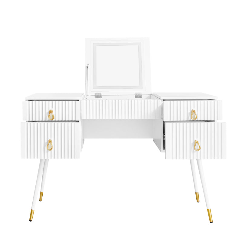 Weißer Schminktisch(Ohne Stühle), Enthält LED-Spiegel mit einstellbarer Helligkeit, luxuriösem vergoldetem Zubehör und mehreren Stauräumen, mit 4 Schubladen, Schreibtisch univer, Weiß