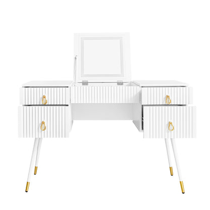 Weißer Schminktisch(Ohne Stühle), Enthält LED-Spiegel mit einstellbarer Helligkeit, luxuriösem vergoldetem Zubehör und mehreren Stauräumen, mit 4 Schubladen, Schreibtisch univer, Weiß