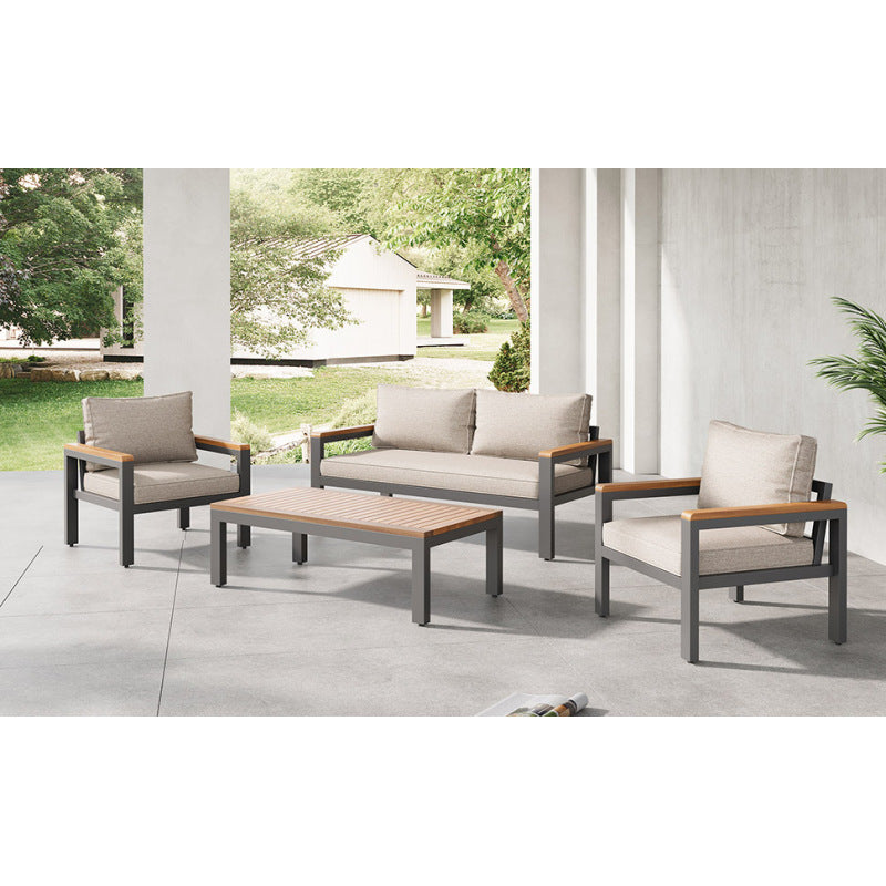Loungeset, Gartenmöbel-Set mit Rahmen aus verzinktem Stahl, (breites Set, 4-teiliges Esstisch-Set, 1x 2-Sitzer-Sofa, 2x Einzelstühle, 1x Tisch), Akazienholz Tischplatte und Armlehnen,Beige