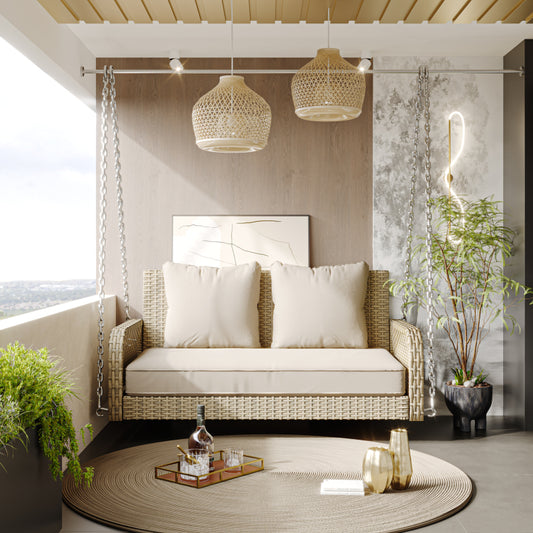 Hollywoodschaukel, Gartenschaukel, Gartenmöbel-Set für den Außenbereich, Beiges Rattan, beiges Sitzkissen, 2 Sitze, mit Sitzkissen und Rückenkissen, abnehmbar und waschbar