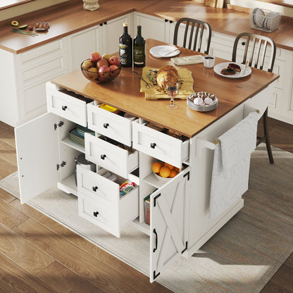Kücheninsel 147cm klappbar Servierwagen Weiß & Holzoptik, Multifunktionaler Esstisch & Buffetschrank, Mobiler Küchenwagen mit Stauraum