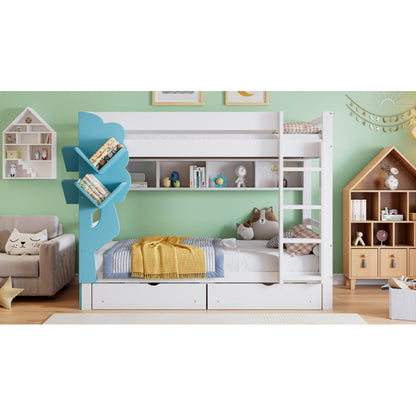 Etagenbett, Kreatives Kinderbett, Bücherregal in Baumform, Offenes Regal, Zwei Schubladen mit Rollen, Mit Fallschutzgitter, Reichlich Stauraum, Kiefer+MDF, Weiß+Blau, 90x200cm