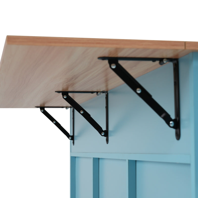 129x46(71)x91,5 cm großer Speisewagen/Sideboard, Arbeitsplatte mit Massivholzmaserung + blauer Schrank/faltbare Arbeitsplatte/Aufbewahrungstür-Design/Räder/Massivholzfüße umschaltbar/für Zuhause geeig