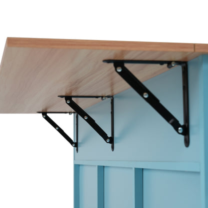 129x46(71)x91,5 cm großer Speisewagen/Sideboard, Arbeitsplatte mit Massivholzmaserung + blauer Schrank/faltbare Arbeitsplatte/Aufbewahrungstür-Design/Räder/Massivholzfüße umschaltbar/für Zuhause geeig