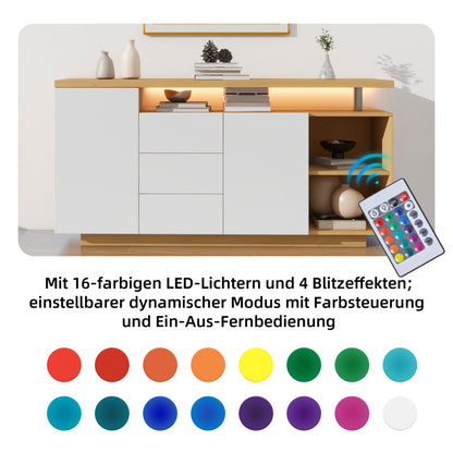 Multifunktionales Sideboard, Länge 140 cm, weiß und Holzimitat - 2 Türen, 3 Schubladen, 2 offene Fächer, mit LED-Beleuchtung