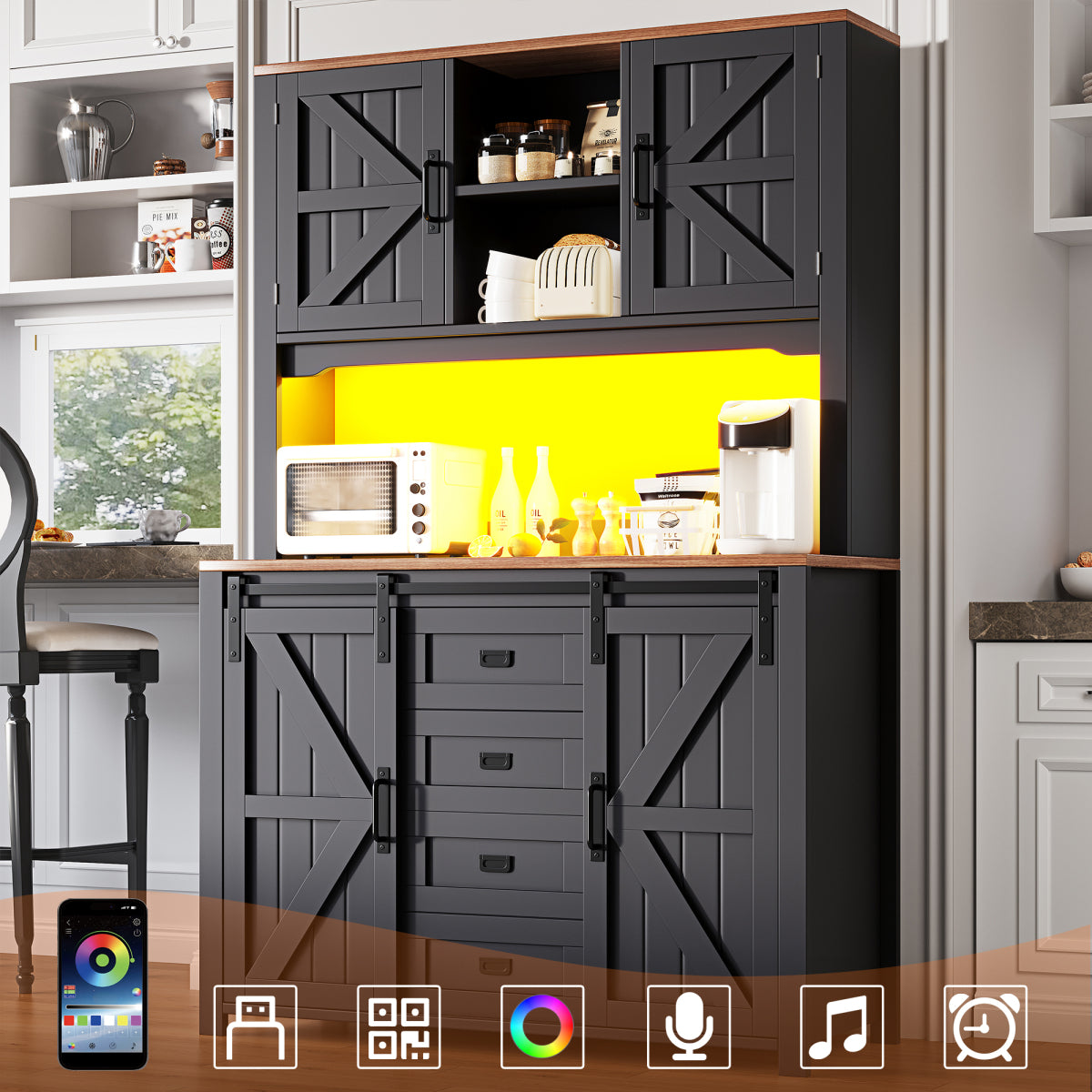 Küchenschrank 115x40x174,7cm hohes Sideboard Schwarz mit App-LED-Beleuchtung, X-Design Schiebetüren, 2 Schubladen & Magnetklappen