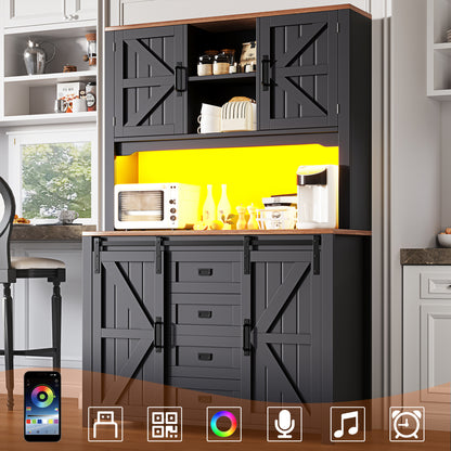 Küchenschrank 115x40x174,7cm hohes Sideboard Schwarz mit App-LED-Beleuchtung, X-Design Schiebetüren, 2 Schubladen & Magnetklappen