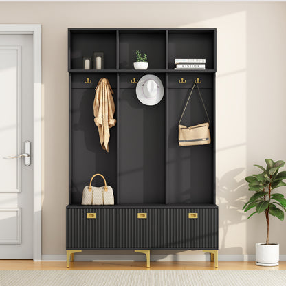 Garderoben-Set mit Sitzbank, Schuhschrank & goldenen Details, Flurbaum aus Metall & Spanplatte, Schwarz, 120x191,5x23,5 cm