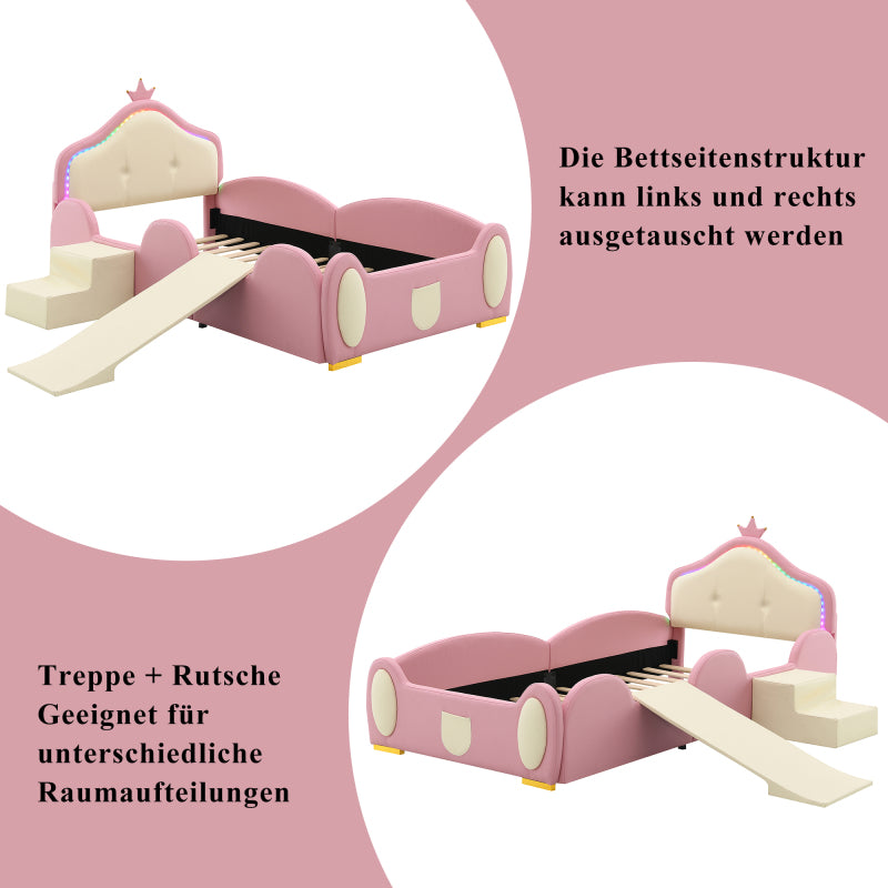 Polsterbett, Crown Cartoon Bett, Mit Multi-Mode-LED-Streifen, Kinderbett mit kleiner Rutsche und Treppe, mit schützenden weichen Kanten, mit Holzlatten, PU, Rosa + Beige, 90x200cm