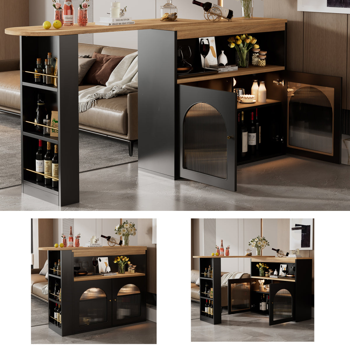 Bartisch ausziehbar 138-193cm, 360° drehbarer Stehtisch mit LED-Beleuchtung & Glasfront, Bistrotisch mit 3 Ablagen, Küchentisch, Schwarz