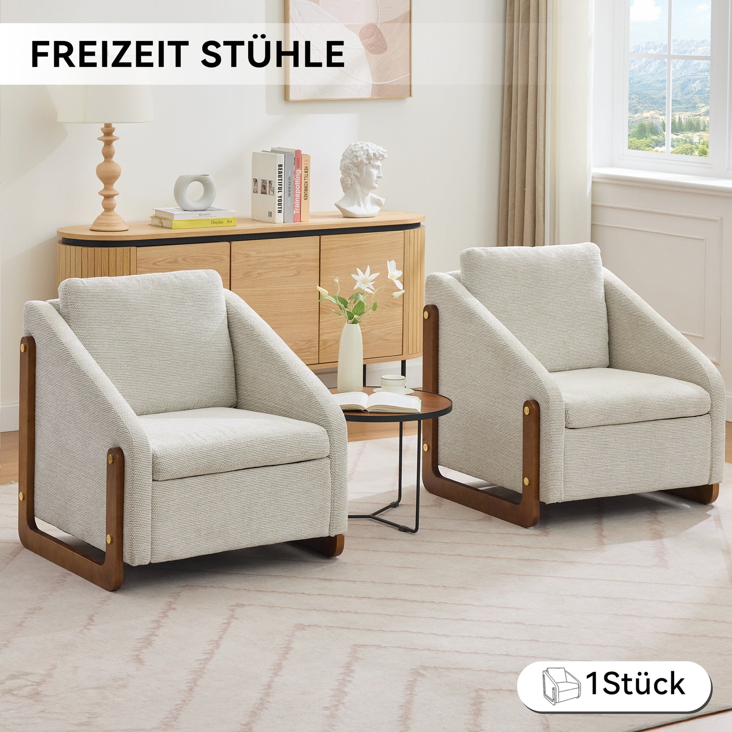 Sessel, Akzentstuhl für Wohnzimmer, Loungesessel, moderner Stuhl mit Armlehne aus Holz, mit Rückenkissen, beiger