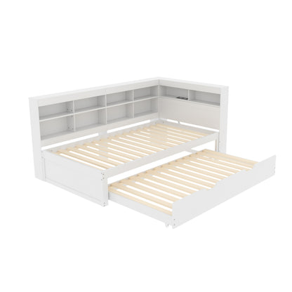 Multifunktions-Schlafsofa 90x200 & 90x190 Ausziehbar - Massivholz Weiß mit USB-Anschluss, Stauraum & Ablagefächern - Praktisches Einzelbett, Weiß