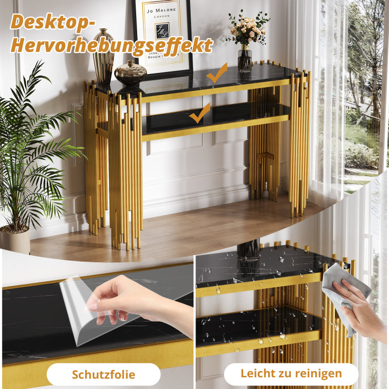 Mid-Century Modern Wohnzimmer Beistelltisch, Konsolentisch, Schwarzer Korpus mit goldenen Beinen, Doppelschicht MDF, Belastbarkeit bis 40 kg