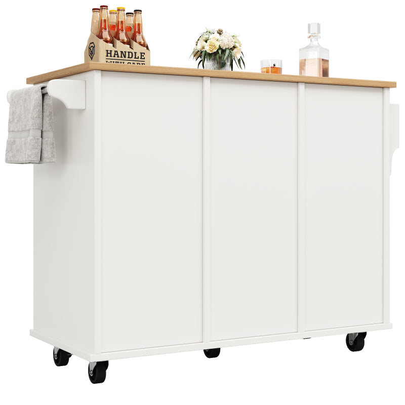 Moderne Kücheninsel (127×46×91,5cm) Küchenschrank Essschrank mit Holzmaserung Esswagen mit multifunktionalem Stauraum und herausnehmbaren Trennwänden, weiß