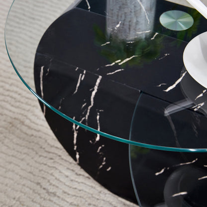 Moderner minimalistischer gehärteter Glas-Couchtisch, mehrschichtiges Design, mit schwarzen Textur-Aufklebern