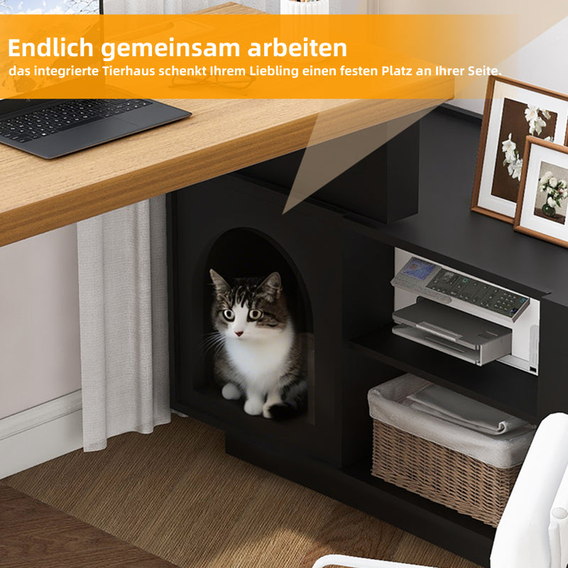 Eckschreibtisch mit integriertem Tierhaus, L-förmig oder einteilig, flexible Montage, Eckschreibtisch für Home Office mit XL-Tierhöhle, Black
