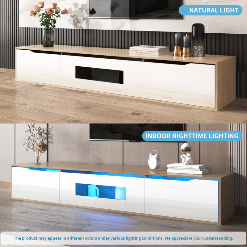 TV-Schrank, Hochglanz-TV-Schrank, farblich passend zu Hochglanz-Weiß und Holzfarbe, mit farbwechselndem LED-Licht.