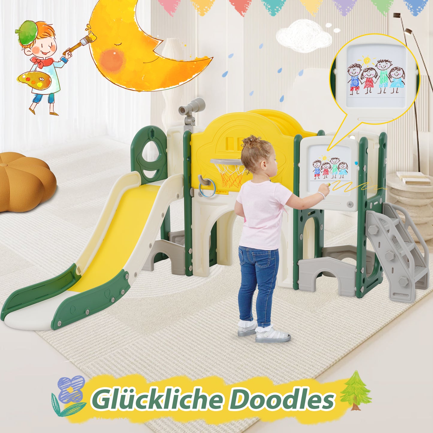 10 in 1 Kinderrutsche Kletterspielzeug, Multifunktionsrutsche Rutschen, freistehende Rutsche, Klettern, Bohrspiel, Stauraum, Spielkorridor, Basketballkorb, Lasso-Spiel, Reißbrett, Golfspiel, Teleskop