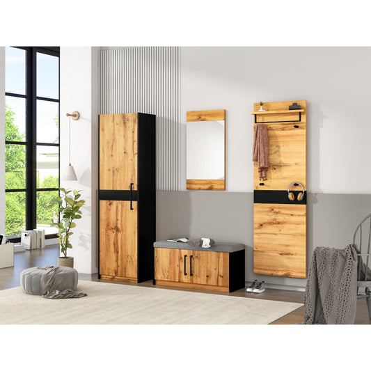 Garderoben Set 4-teilig mit Spiegel und Sitzbank , Garderoben Set, Garderobenmöbel,Garderoben-Set, Stylishe Kompaktgarderobe mit 4 Kleiderhaken, Stangen und Ablage, Praktischer Wandgarderobe