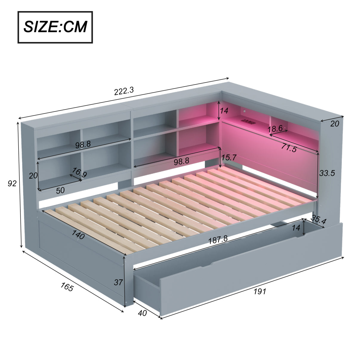 Massivholz-Doppelbett 140x200 Weiß mit LED & USB - Multifunktionales Sofa-Bett mit großen Schubladen, Ablagefächern & viel Stauraum, Grau