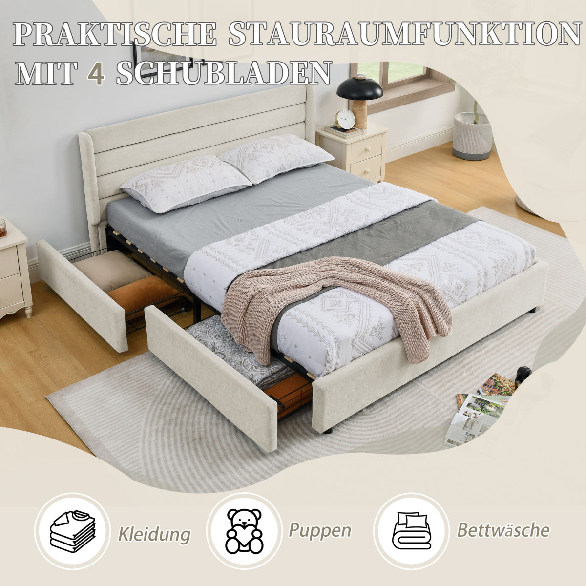 Doppelbett 160×200 cm aus Chenille mit 4 Schubladen, stabiles Bettgestell für Schlafzimmer & Eltern-Kind-Zimmer, Beige (ohne Matratze)