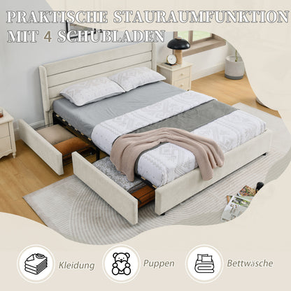 Doppelbett 160×200 cm aus Chenille mit 4 Schubladen, stabiles Bettgestell für Schlafzimmer & Eltern-Kind-Zimmer, Beige (ohne Matratze)
