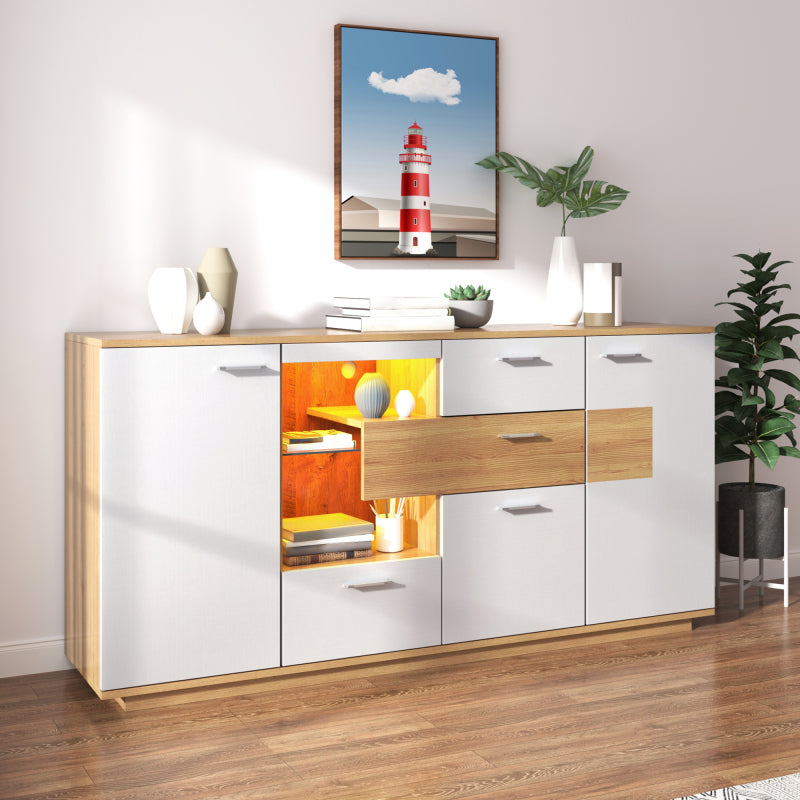Modernes Sideboard-Schrank mit viel Stauraum, mit LED-Beleuchtung, 160x40x77cm, 2 Türen, 4 Schubladen, Glasablage, Holzoptik, Weiß,Wohnzimmermöbel, Organizer, Kommode, Mehrzweckschrank.