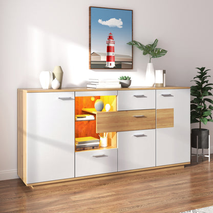 Modernes Sideboard-Schrank mit viel Stauraum, mit LED-Beleuchtung, 160x40x77cm, 2 Türen, 4 Schubladen, Glasablage, Holzoptik, Weiß,Wohnzimmermöbel, Organizer, Kommode, Mehrzweckschrank.