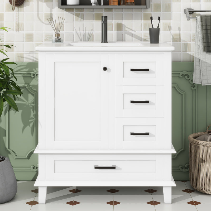 76x46x83,5cm Bodenstehender Badezimmerschrank mit Waschbecken, Waschtisch, komplett lackiert, Türregal, drei geräuschlose Schubladen, integriertes Keramikwaschbecken, weiß