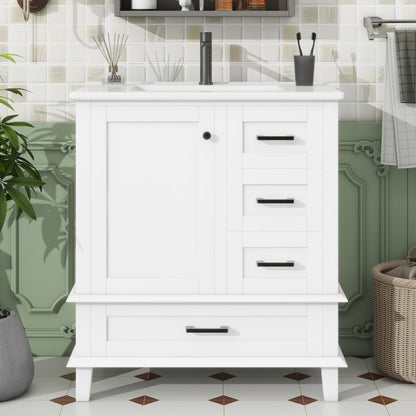 76x46x83,5cm Bodenstehender Badezimmerschrank mit Waschbecken, Waschtisch, komplett lackiert, Türregal, drei geräuschlose Schubladen, integriertes Keramikwaschbecken, weiß