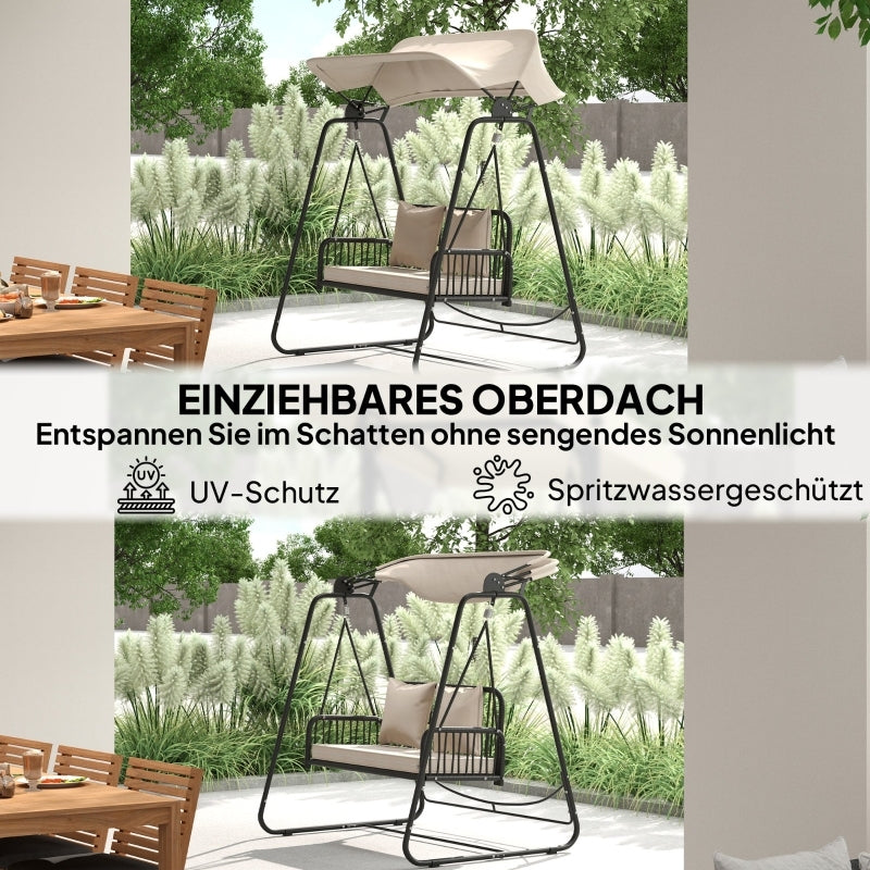 Hollywoodschaukel Rattan 2-Sitzer Gartenschaukel mit verstellbar, Sonnendach Kissen Hängebank, für Garten Balkon, Khaki