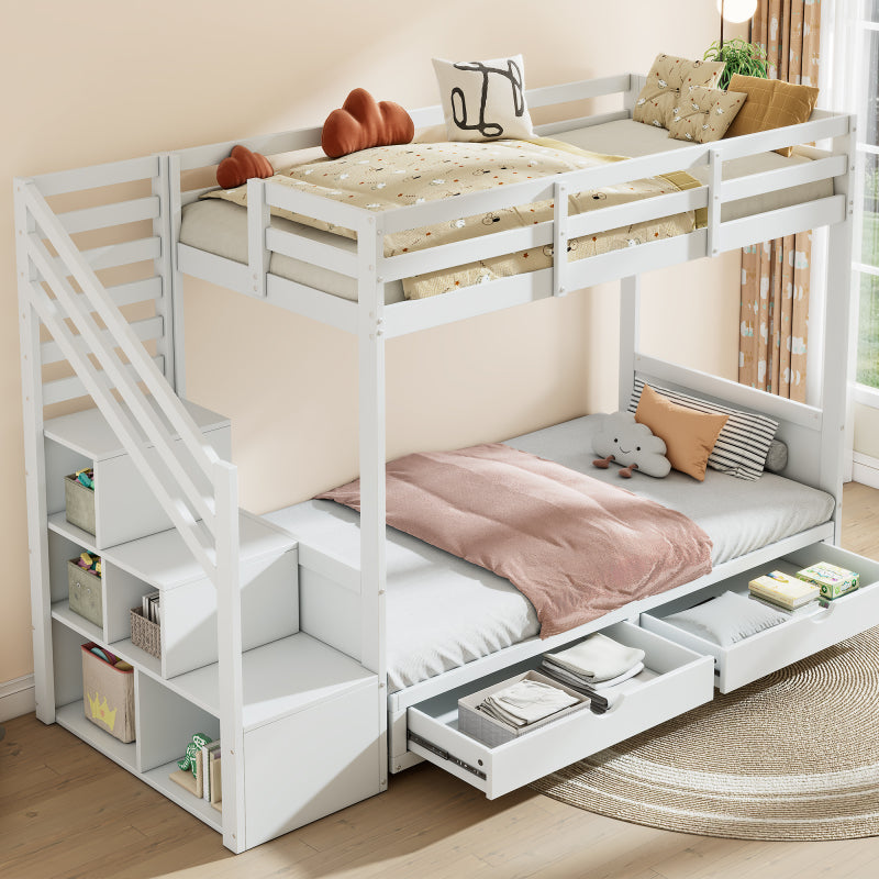 Kinder-Etagenbett, Doppelbett, multifunktionales Kinderbett,Mit Treppenschrank und 2 Schubladen, ohne Matratze, Die untere Ebene als Bett oder Sofa genutzt und enthält Kissen , weiß, 90*200