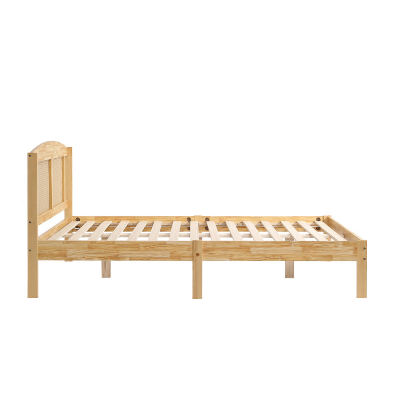Doppelbett, Rattanbett, Jugendbett Erwachsenenbett 160X200cm, Rattannetzkissen, mit 15 Latten und Mittelfüße, Kiefer + PE-Rattan, Natur