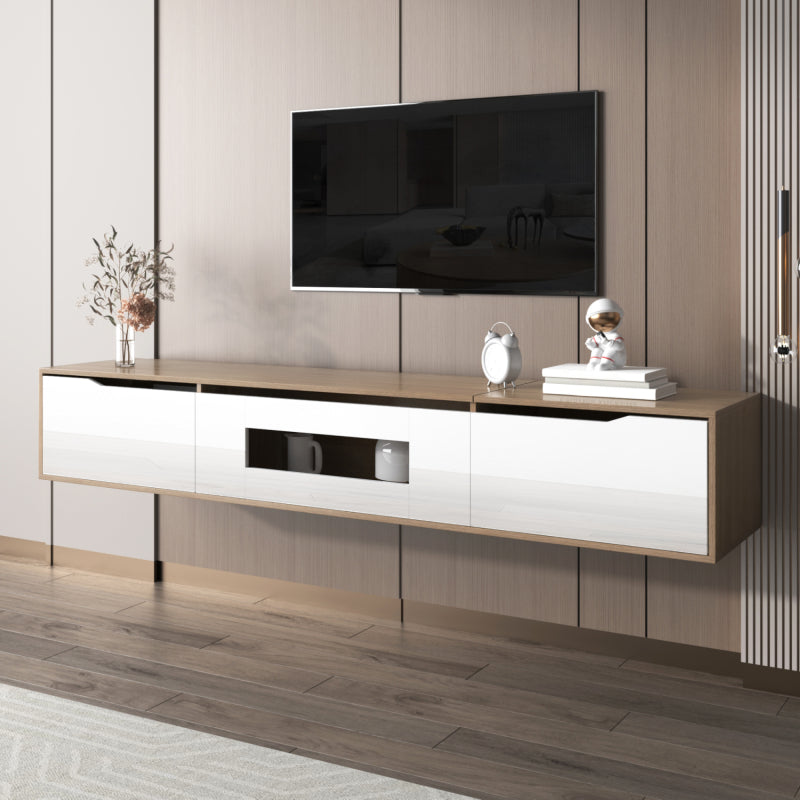 TV-Schrank, Hochglanz-TV-Schrank, farblich passend zu Hochglanz-Weiß und Holzfarbe, mit farbwechselndem LED-Licht.