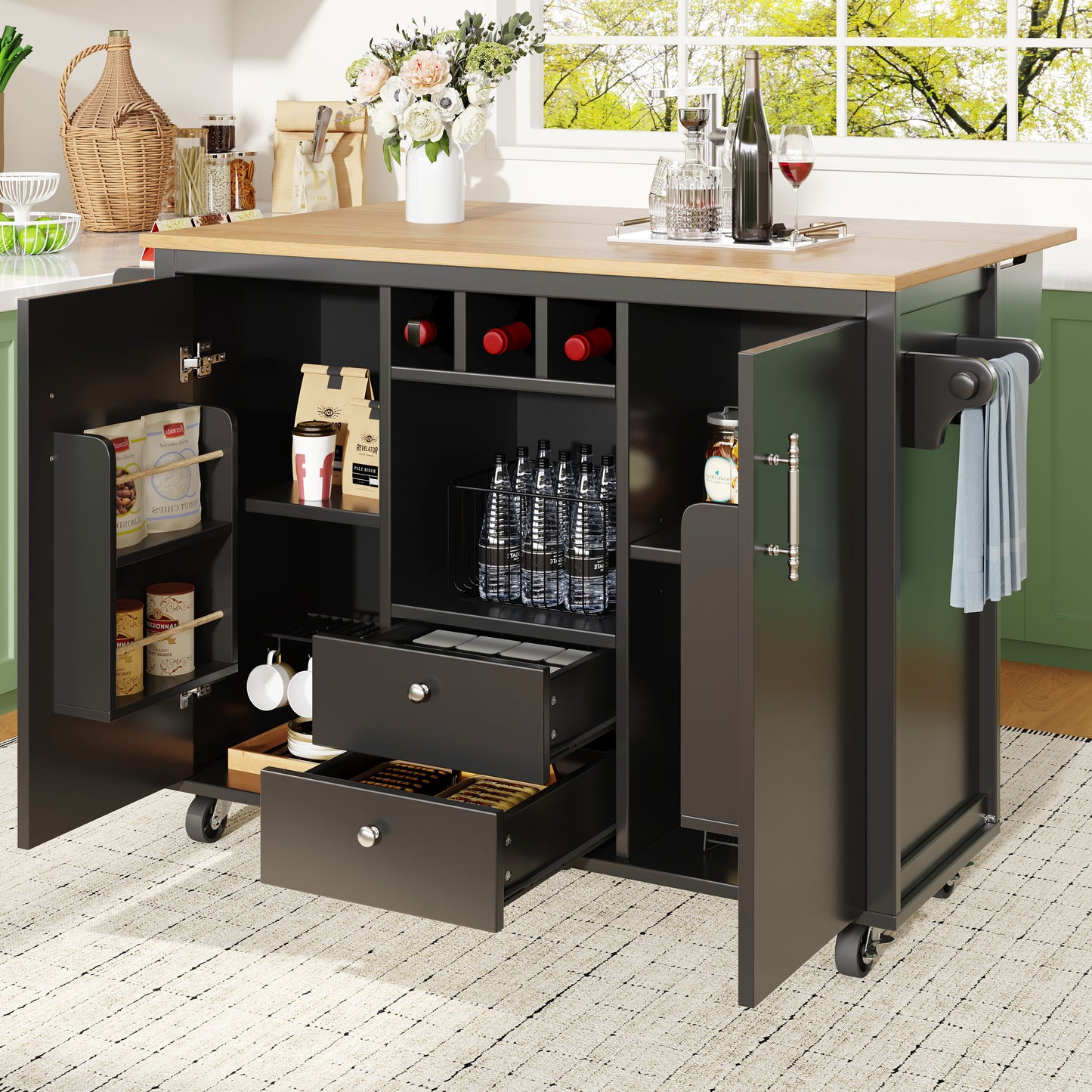 Kücheninsel Buffetschrank 120x73x92cm Küchenwagen klappbare Arbeitsplatte Handtuchhalter Gewürzregal Weinregal verstellbare Böden Küchenschrank Schwarz
